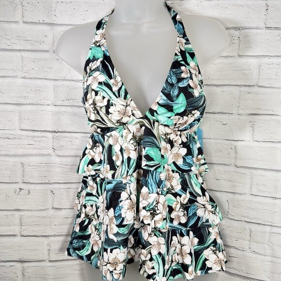 Swim Solutions Vintage Bouquet Triple Tier Halter Tankini Black Floral Size 18 - Picture 2 of 9